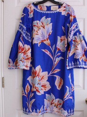 Figue Tanya Shift Dress Floral Blue Cotton Poplin Boatneck Embroidery Detail